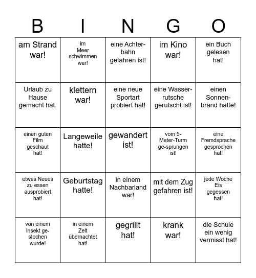 FINDE JEMANDEN, DER/DIE IN DEN FERIEN... Bingo Card