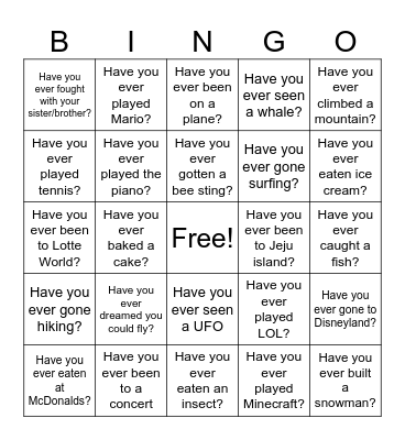 Have you ever? (kids version) Bingo Card