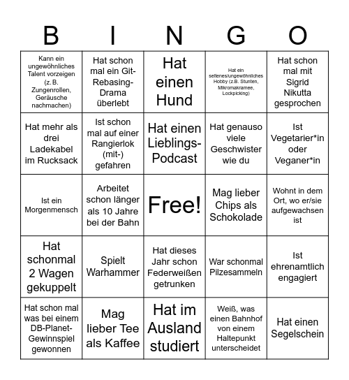 Finde eine Person, auf die das zutrifft Bingo Card