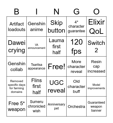 Genshin Livestream Bingo Card