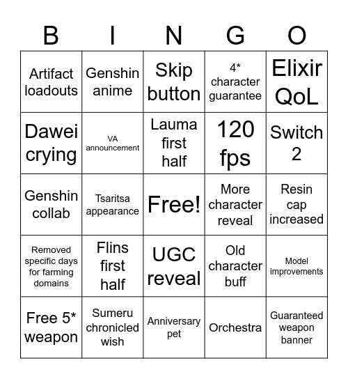 Genshin Livestream Bingo Card