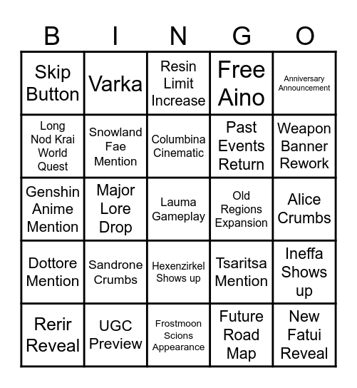 Genshin Impact 6.0 Special Program Bingo Card Bingo Card