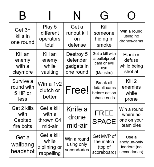 Rainbow Six Siege Bingo Card