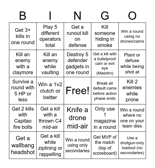 Rainbow Six Siege Bingo Card