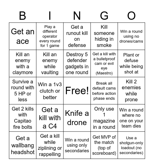 Rainbow Six Siege Bingo Card