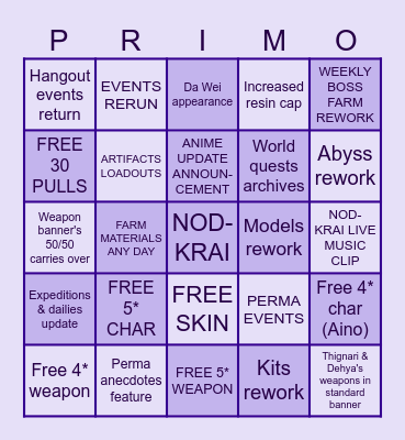 Luna I Geshin Livestream Primo Card Bingo Card