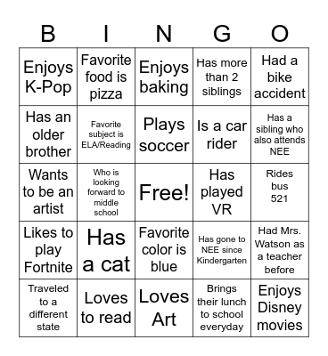 5th Grade Bingo Card