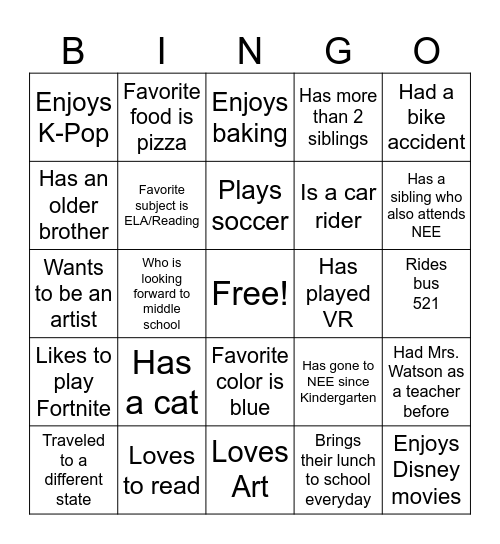 5th Grade Bingo Card