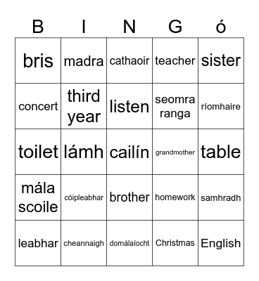 Gaeilge Bingo Card