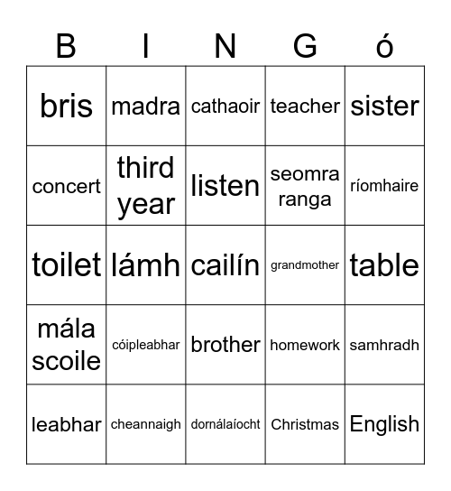 Gaeilge Bingo Card