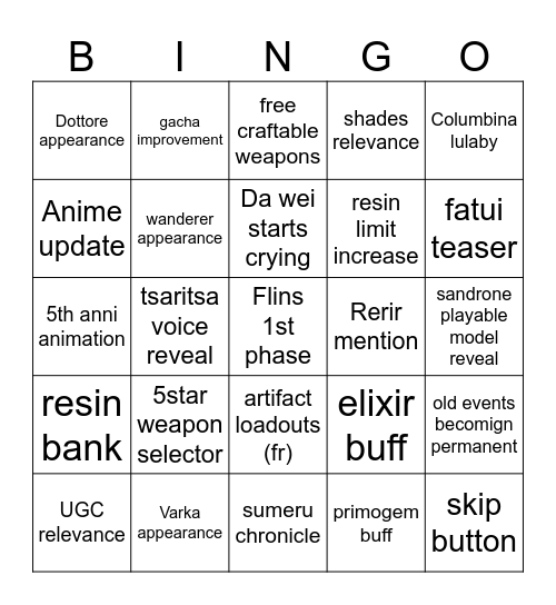 6.0 Special Program Bingo Card