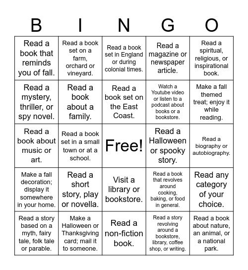 Autumn Reading Bingo Card