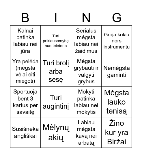 Susipažinimo Bingo Card