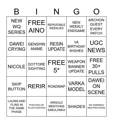 GENSHIN LUNA 1 Bingo Card