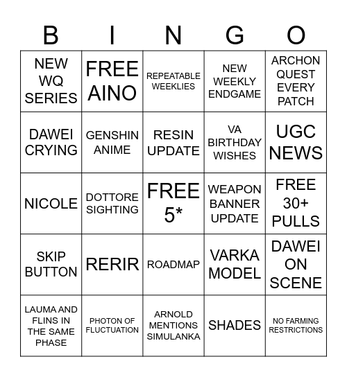 GENSHIN LUNA 1 Bingo Card