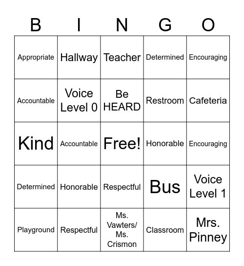 Behavior Bingo Card