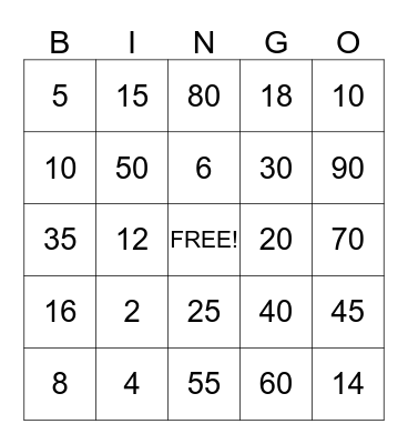 Multiplication Bingo Card
