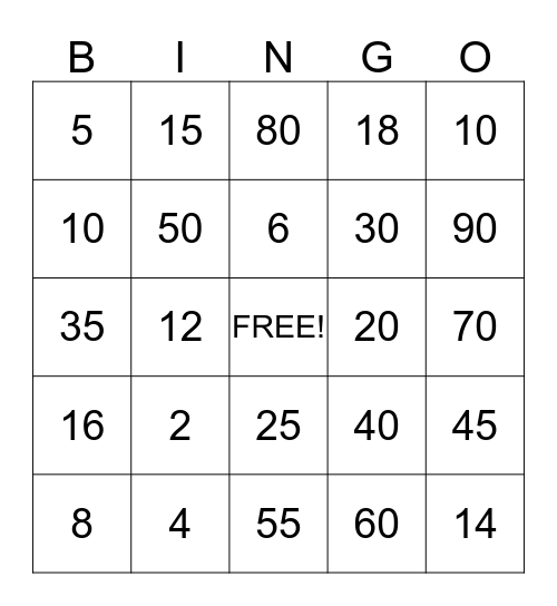 Multiplication Bingo Card