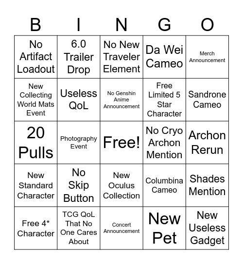 Genshin 6.0 Bingo Card