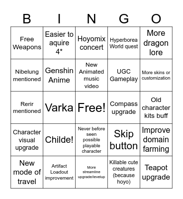 Genshin Impact Nod Krai Livestream Bingo Card