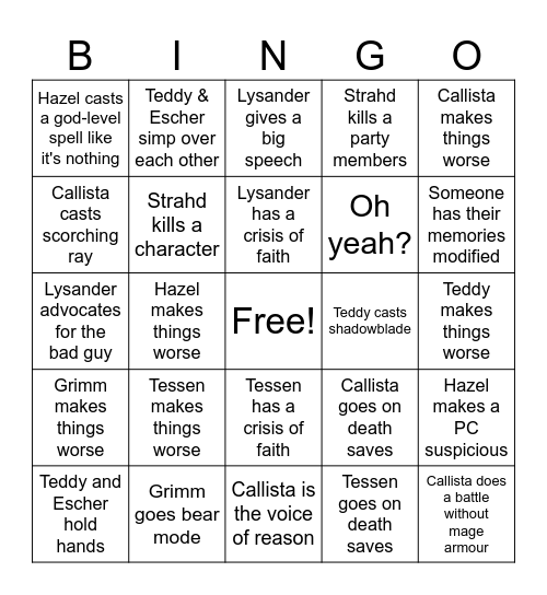 Final Session Bingo Card
