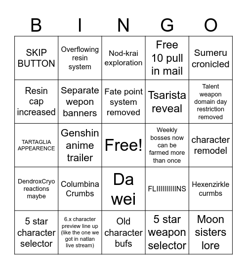 6.0 Livestream bingo Card