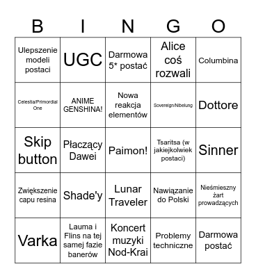GENSHIN LUNA I (6.0) Bingo Card
