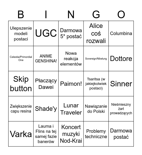 GENSHIN LUNA I (6.0) Bingo Card