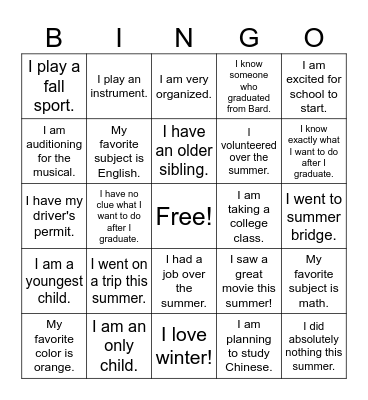 Freshman Orientation Bingo Card