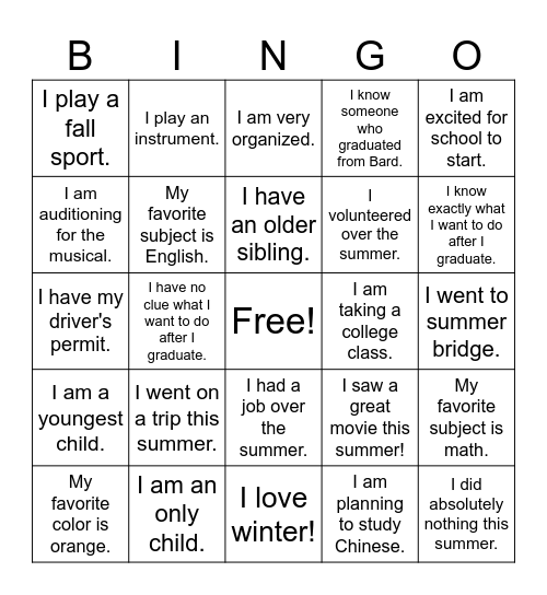 Freshman Orientation Bingo Card