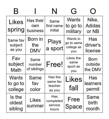 Class Bingo Card