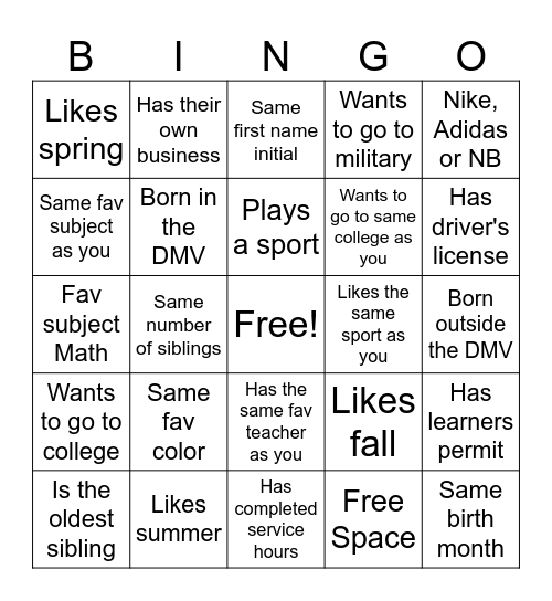 Class Bingo Card