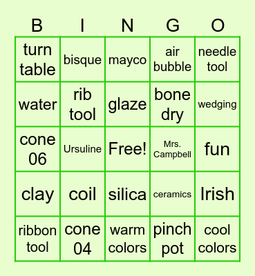 Ursuline Ceramics Bingo Card