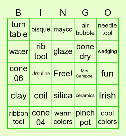 Ursuline Ceramics Bingo Card