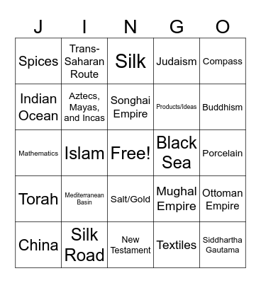 Trade Routes/Civilizations at 1500 Jingo Bingo Card