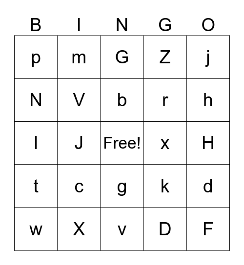 Consonant Bingo Card