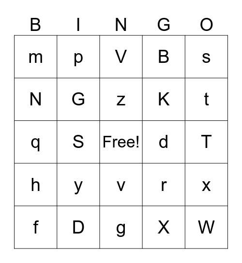 Consonant Bingo Card