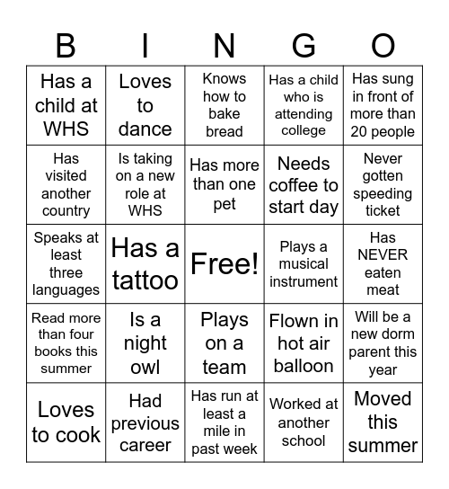 WHS PD - FIND SOMEONE WHO Bingo Card