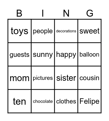 Felipe´s Birthday Bingo Card