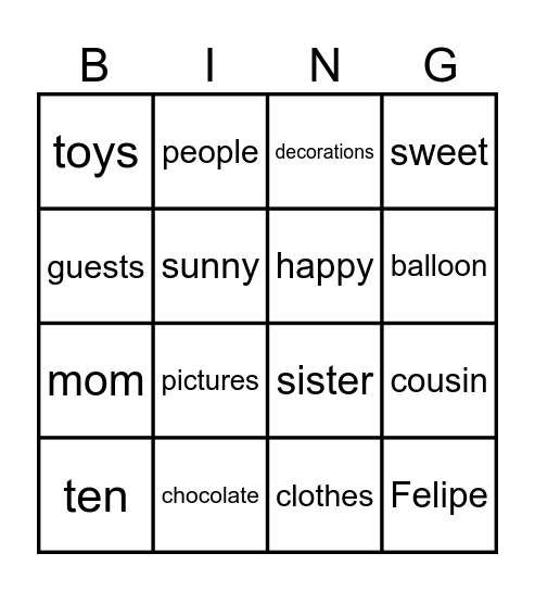 Felipe´s Birthday Bingo Card