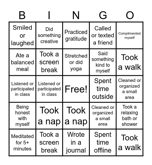 Self-Care Bingo Card