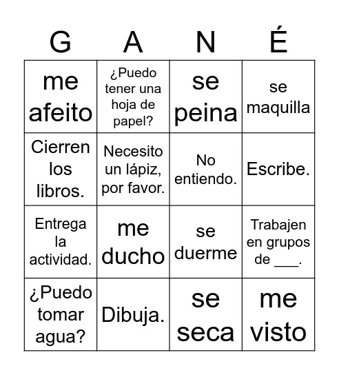 Common Classroom Phrases (ENG-->SPA) Bingo Card