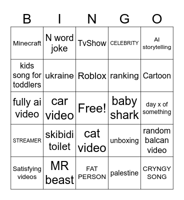 YT brainrot bingo Card