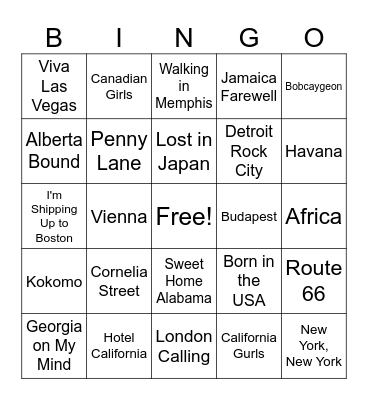 Songs Named after a Place Bingo Card