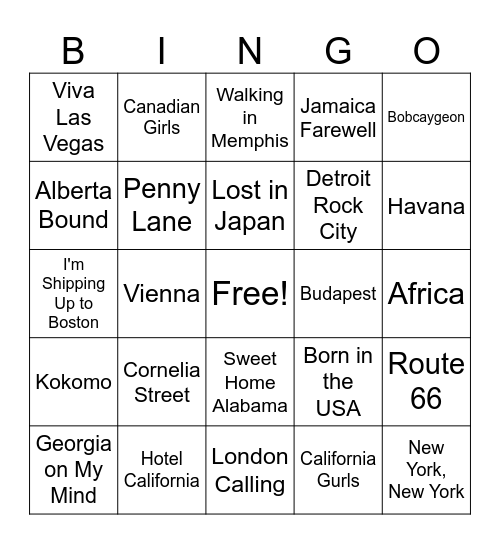 Songs Named after a Place Bingo Card