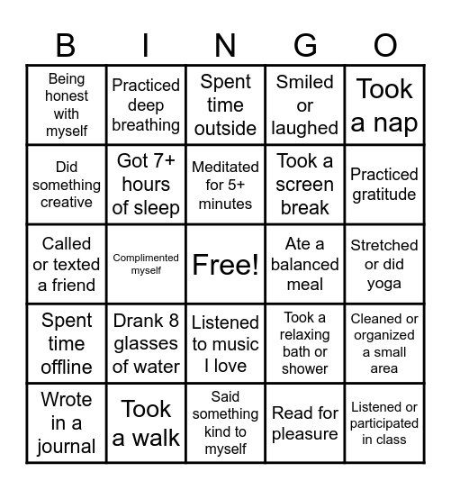 Self-Care Bingo Card