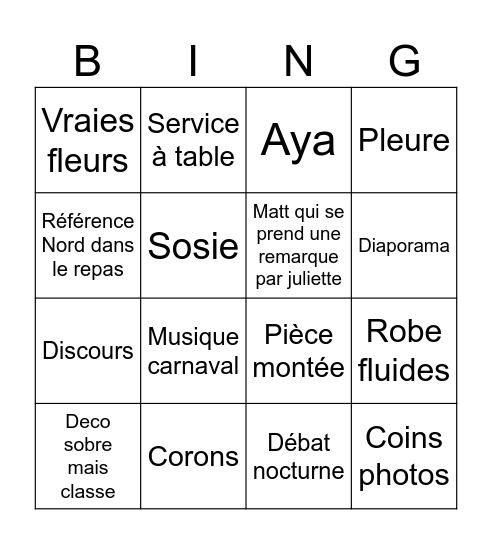 Mariage Bingo Card