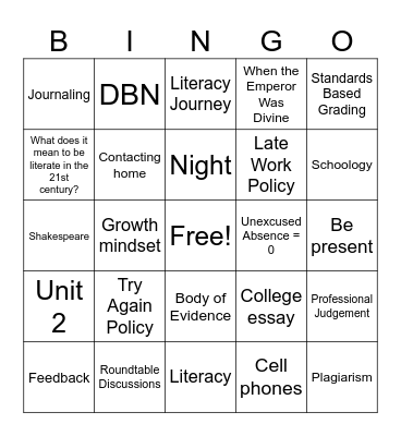 Senior English Course Overview Bingo Card