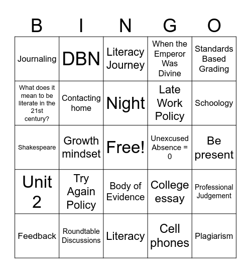 Senior English Course Overview Bingo Card