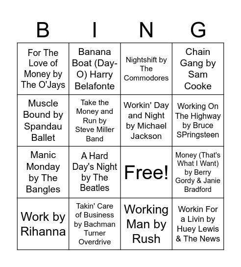 Labor Day Tunes! Bingo Card
